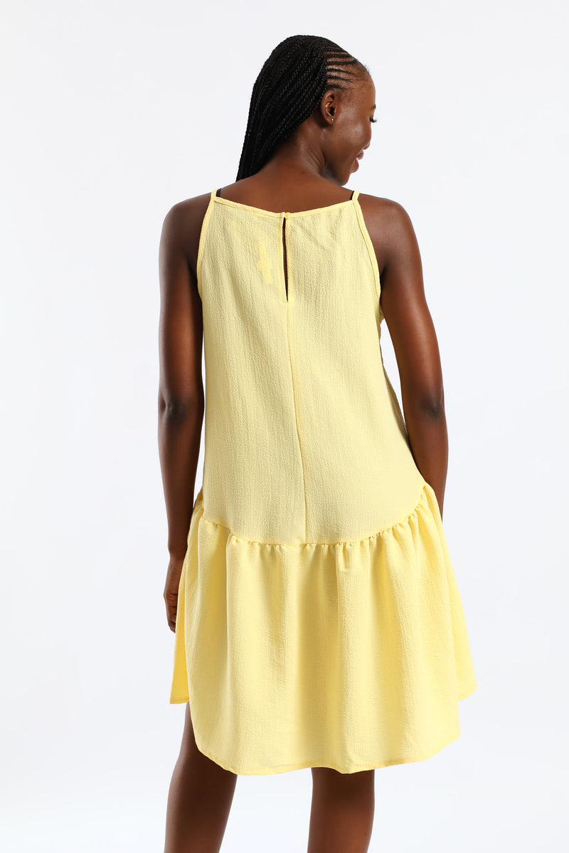 Hi-Neck Drop Waist Mini Dress - Pastel Yellow