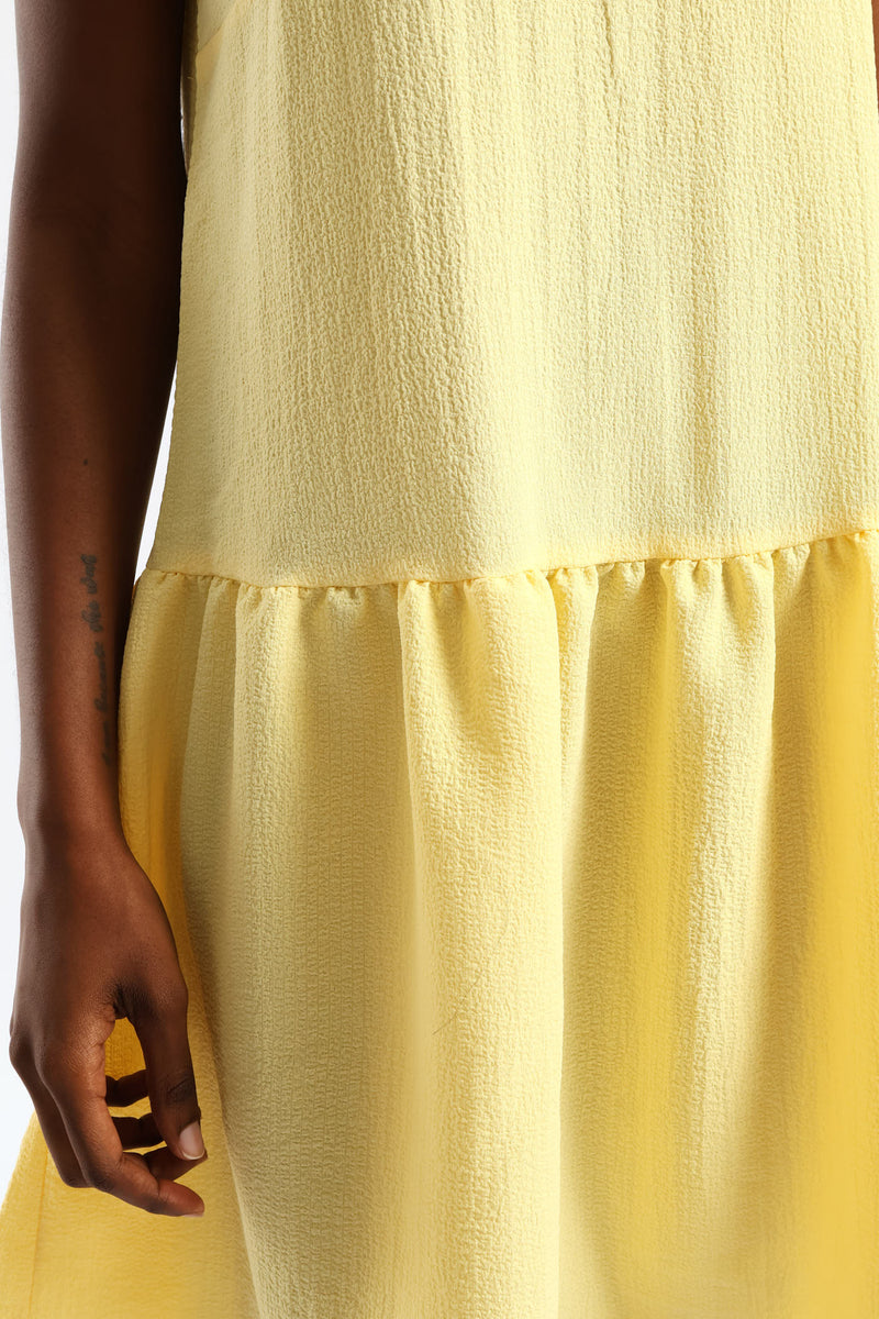 Hi-Neck Drop Waist Mini Dress - Pastel Yellow