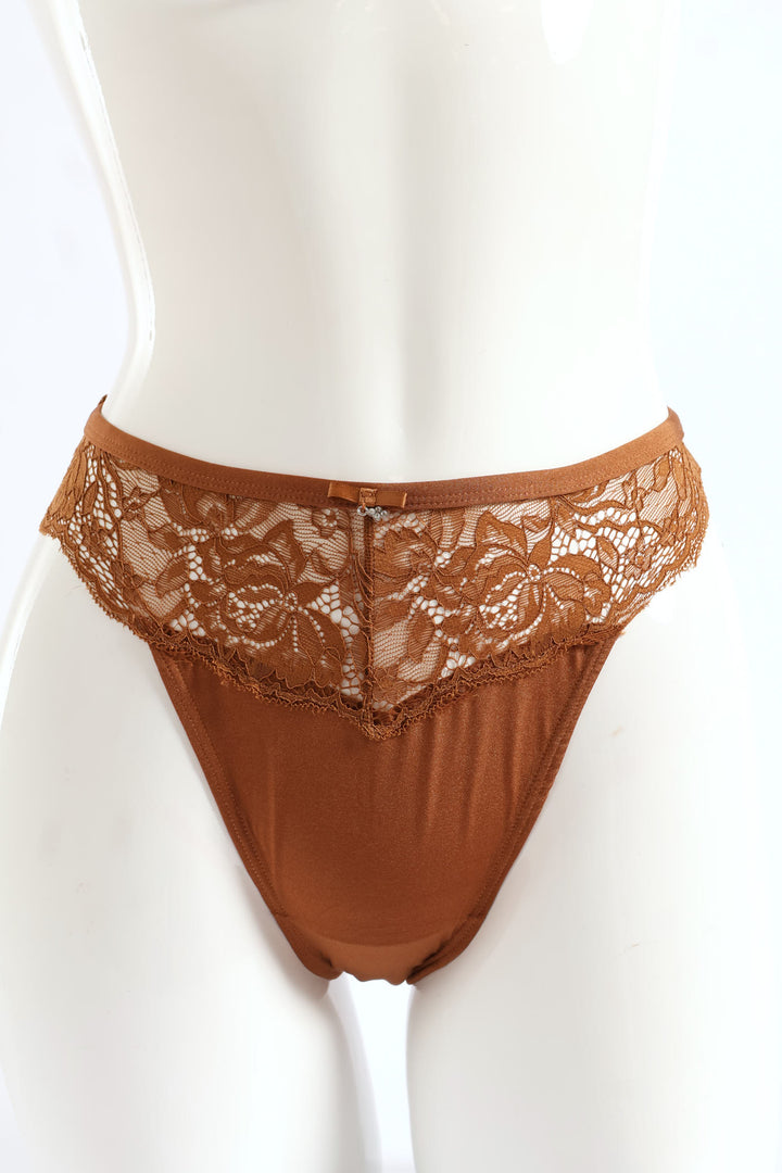 Bonded Microfibre & Lace Thong Panty - Caramel