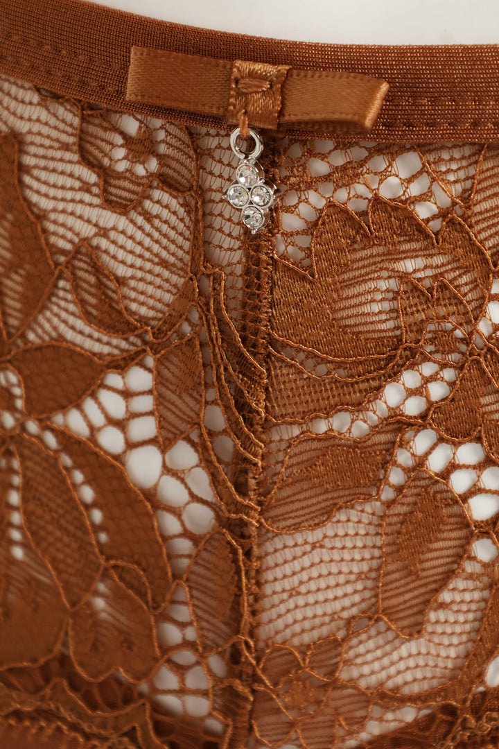 Bonded Microfibre & Lace Thong Panty - Caramel