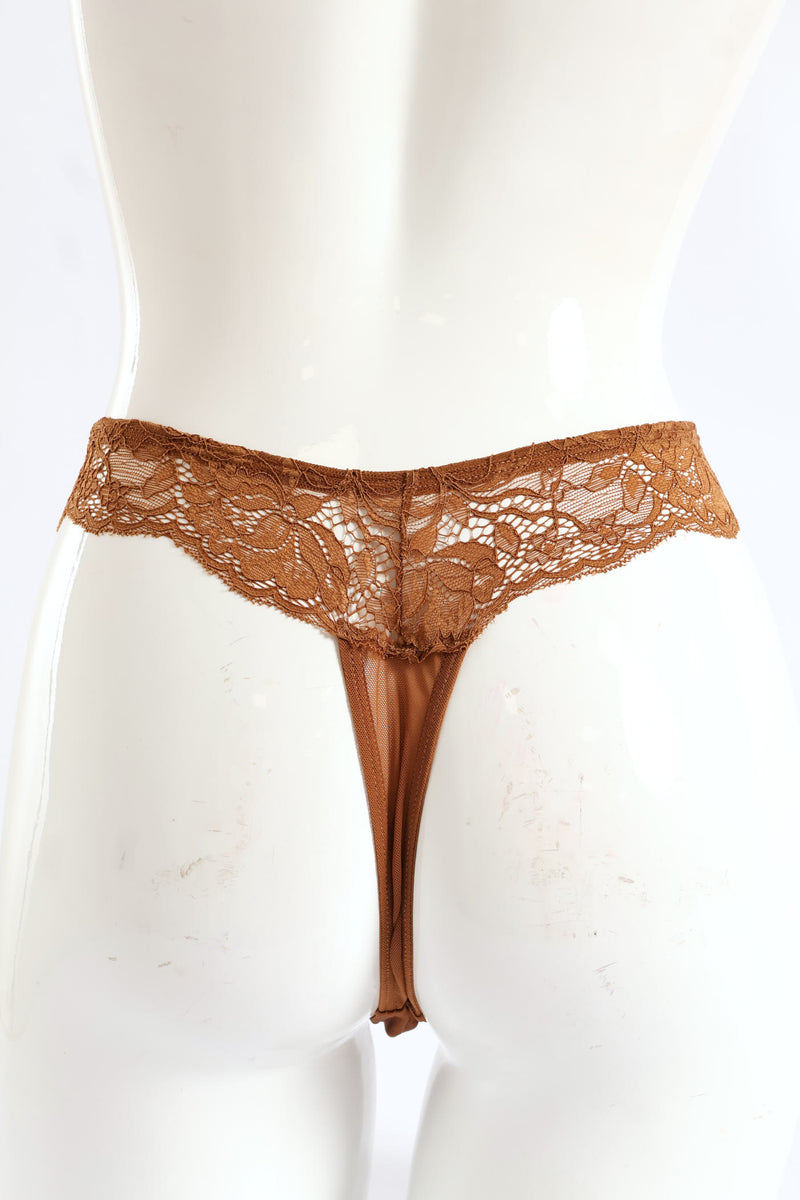 Bonded Microfibre & Lace Thong Panty - Caramel