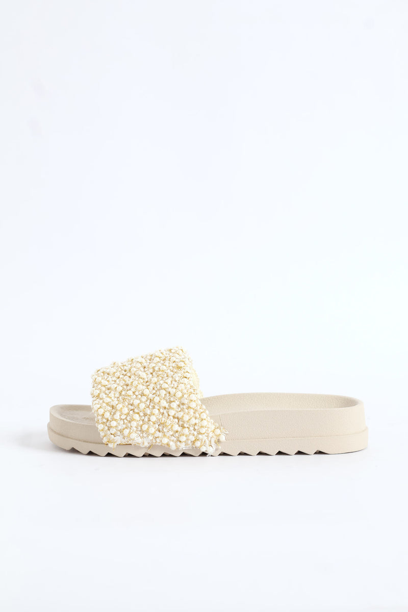 Girls Pearl Trim Pool Sandal - Cream