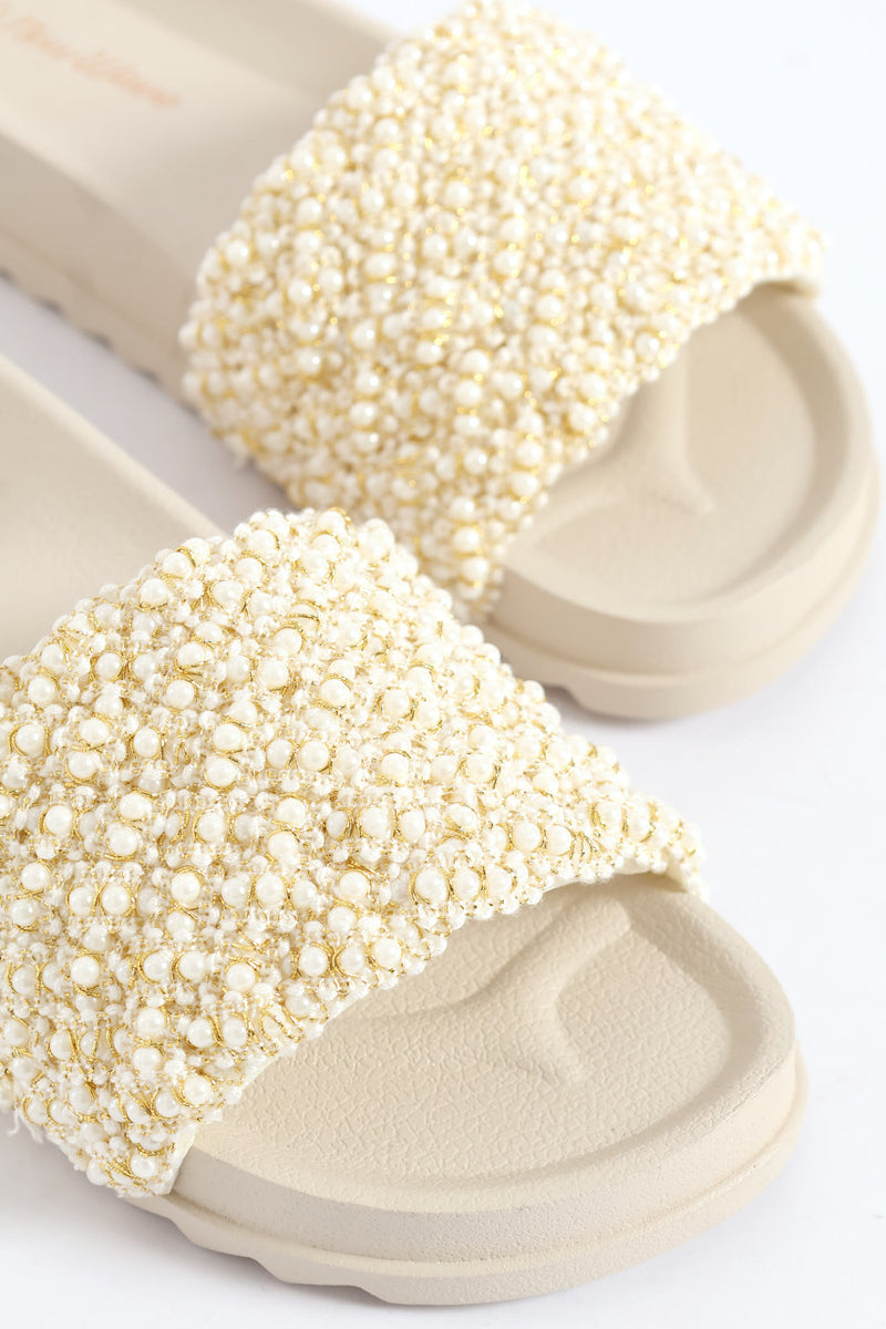 Girls Pearl Trim Pool Sandal - Cream