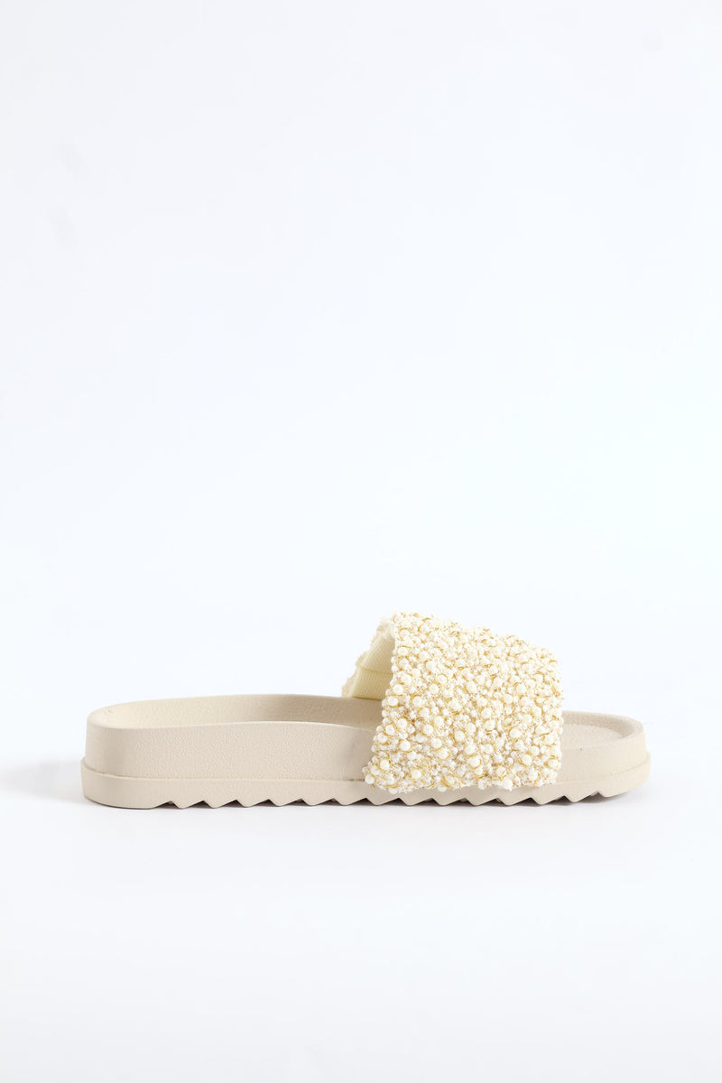 Girls Pearl Trim Pool Sandal - Cream