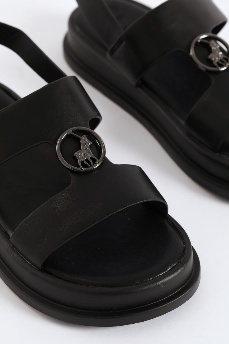 Girls Monogram Trim Sandal - Black