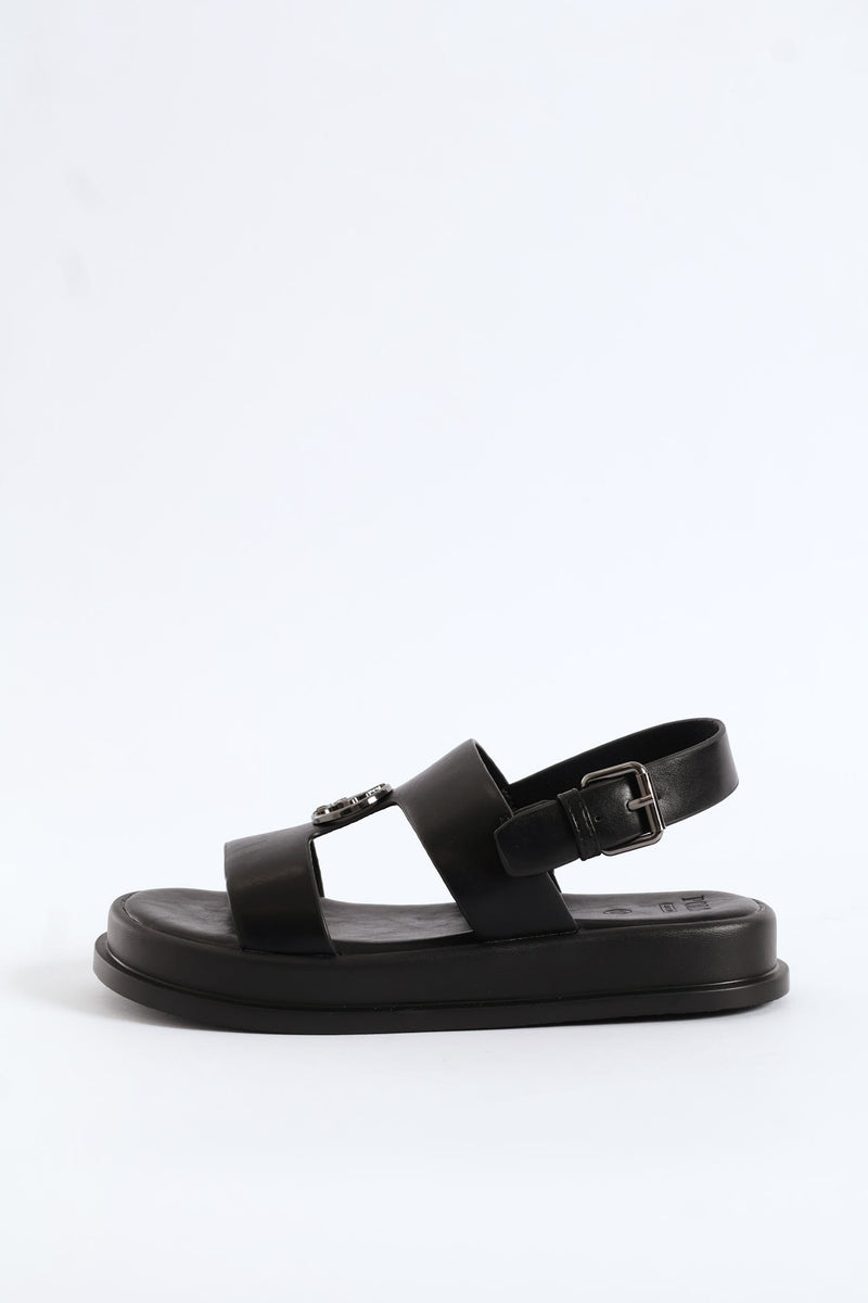 Girls Monogram Trim Sandal - Black