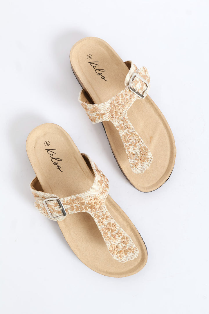 Flower Detail Thong Sandal On Cork Outsole - Natural