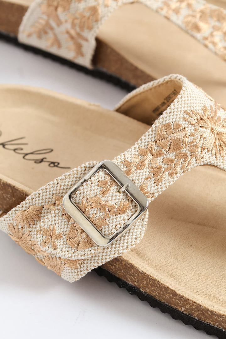 Flower Detail Thong Sandal On Cork Outsole - Natural