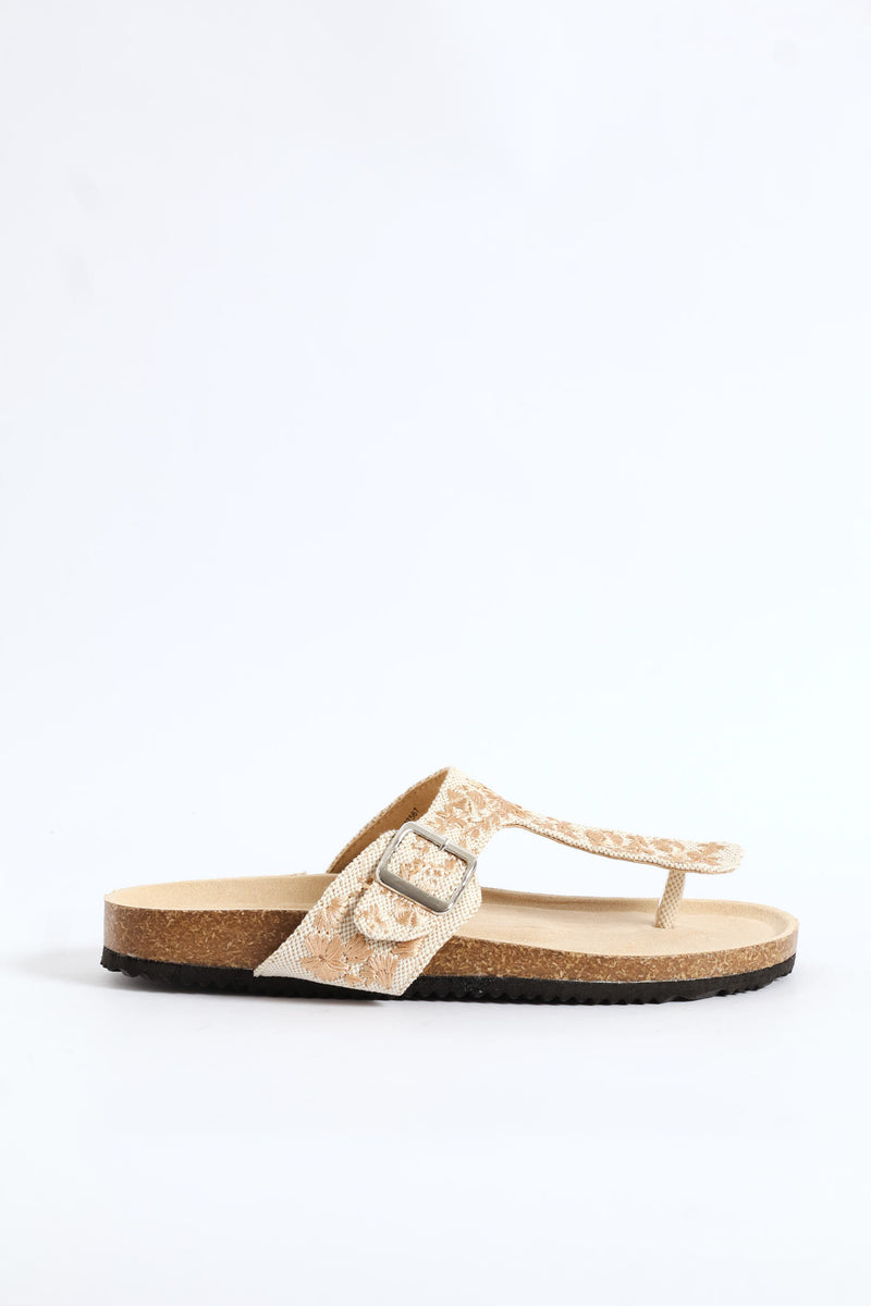 Flower Detail Thong Sandal On Cork Outsole - Natural