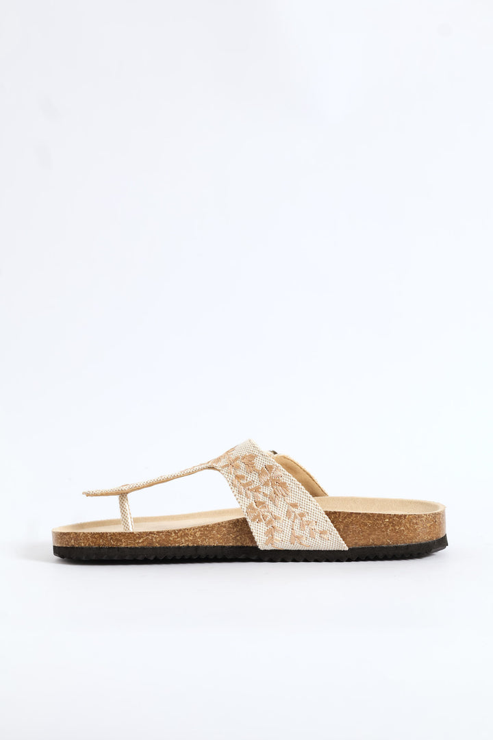 Flower Detail Thong Sandal On Cork Outsole - Natural