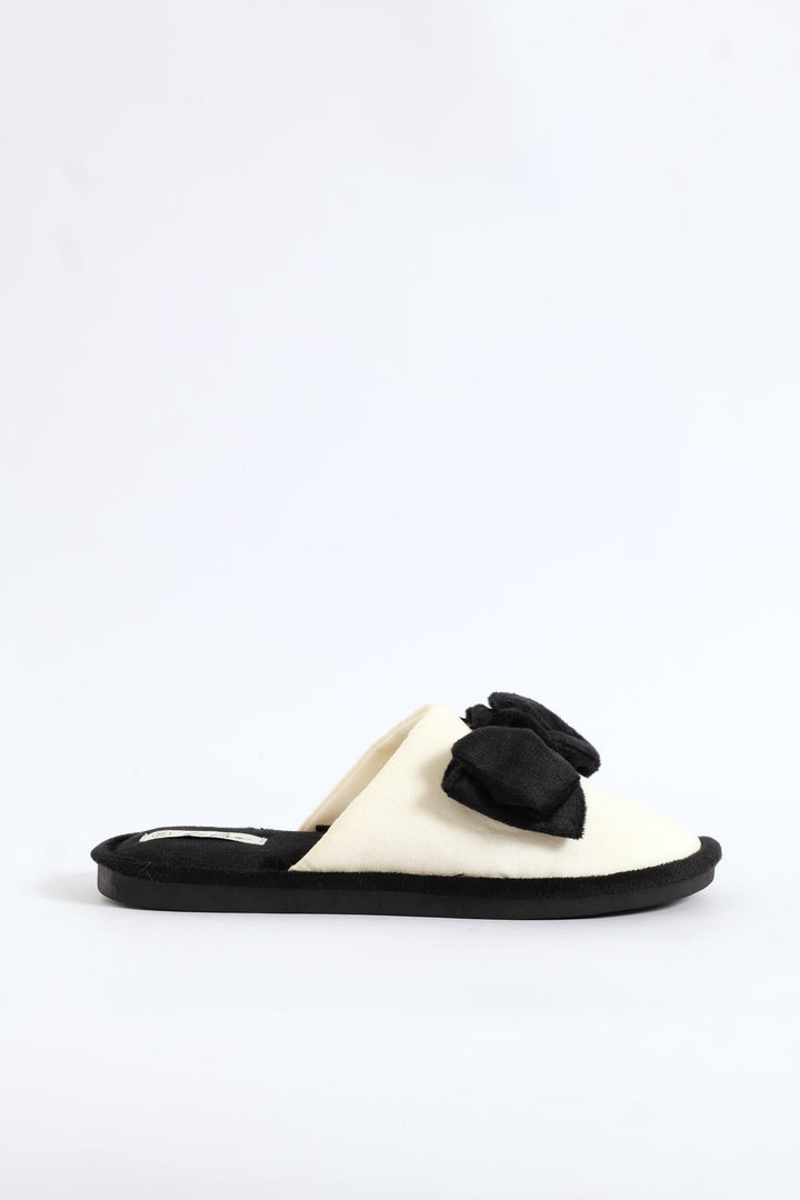 Closed Toe Bow Detail Slipper - Black/Cream