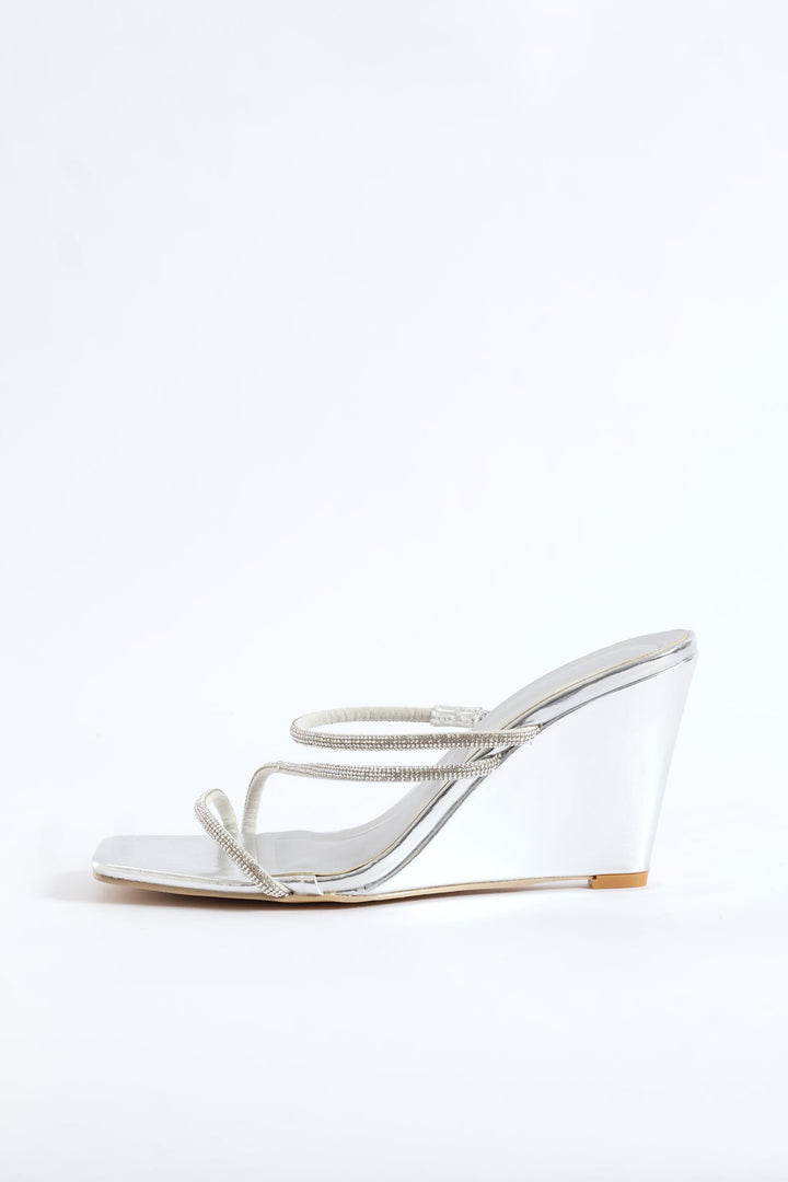 Diamante Z Strap Wedge Heel - Silver