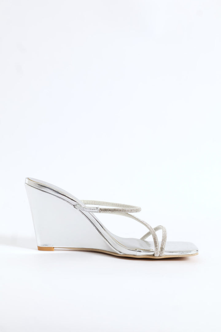 Diamante Z Strap Wedge Heel - Silver
