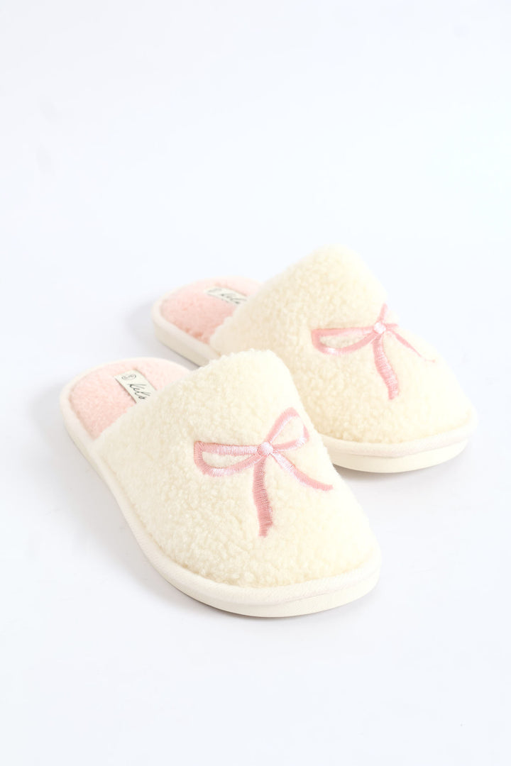 Closed Toe Embroidered Bow Slipper - Pink