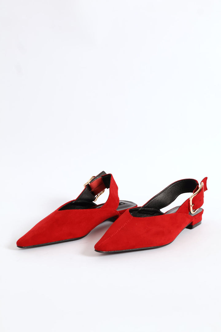 Pointy Buckled Strap V-Cut Mule Slingback - Dark Red