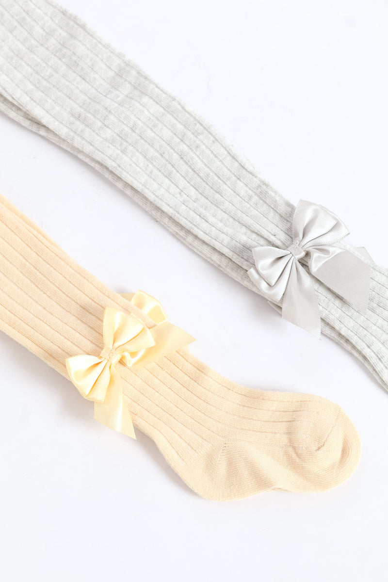 Baby Girls 2 Pack Cotton Bow Stocking - Stone