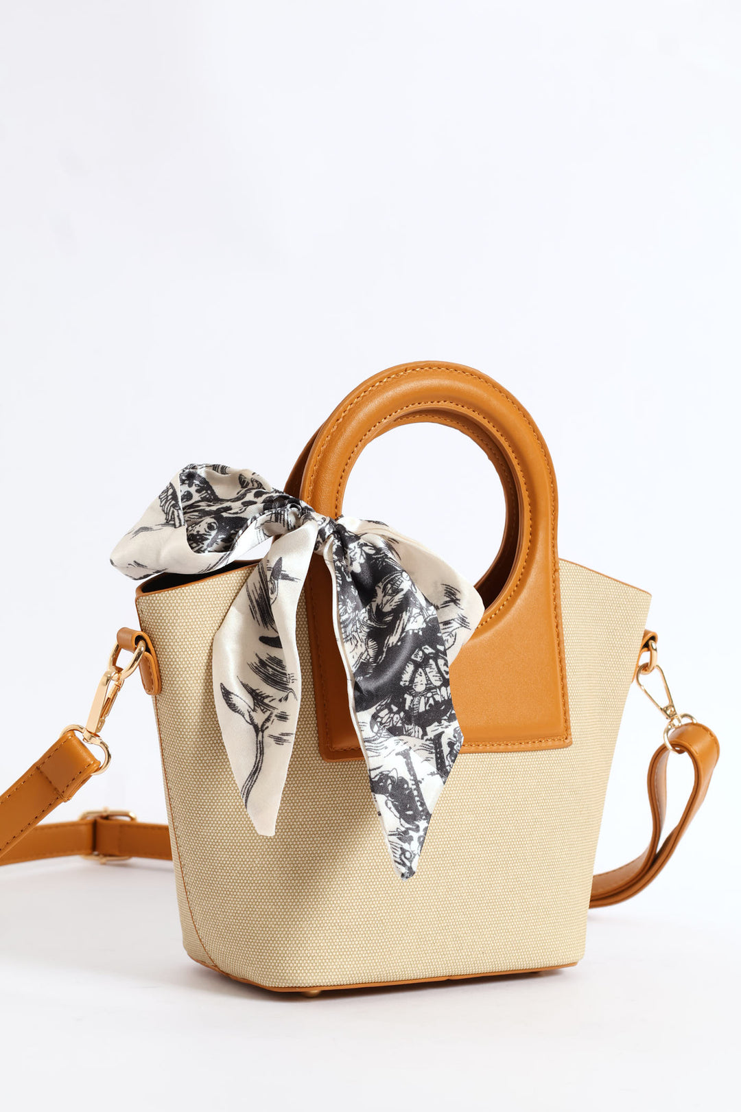 Top Handle Colour Block Bucket Crossbody Bag - Tan