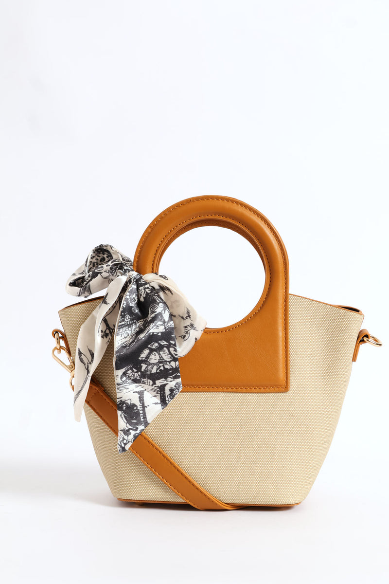 Top Handle Colour Block Bucket Crossbody Bag - Tan