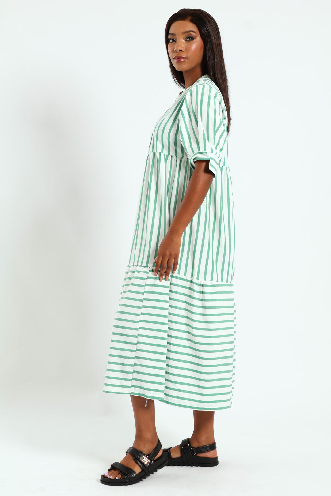 Mandarin Collar Tiered Midaxi Dress - White/Cabbage