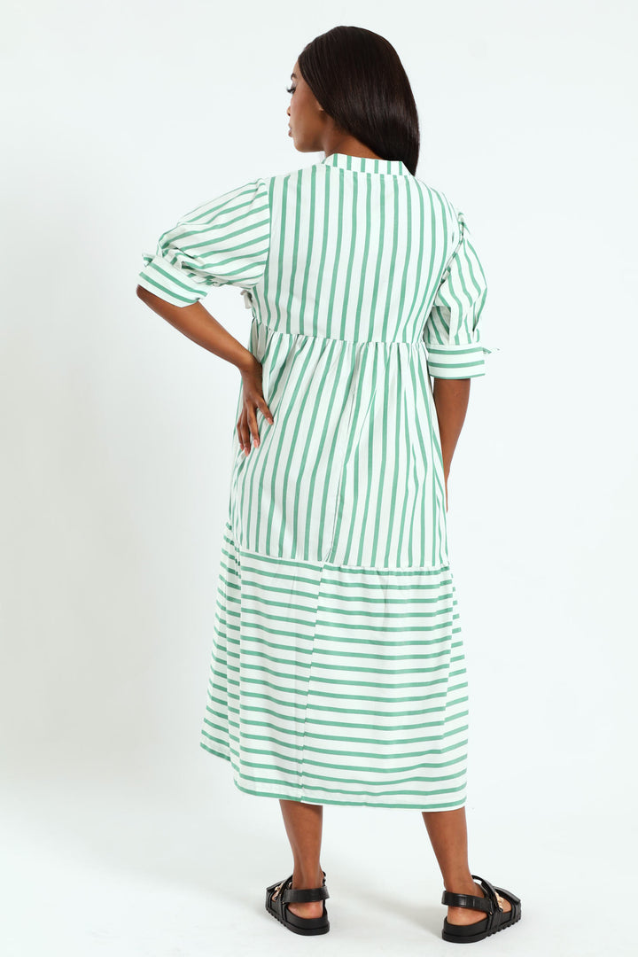 Mandarin Collar Tiered Midaxi Dress - White/Cabbage