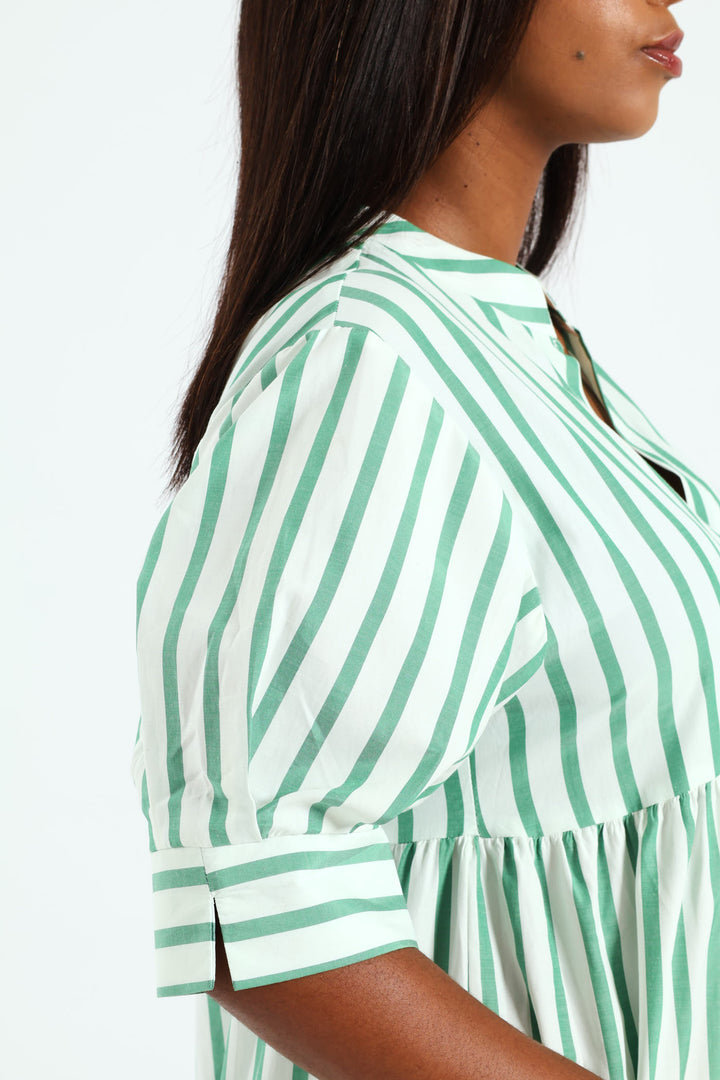 Mandarin Collar Tiered Midaxi Dress - White/Cabbage