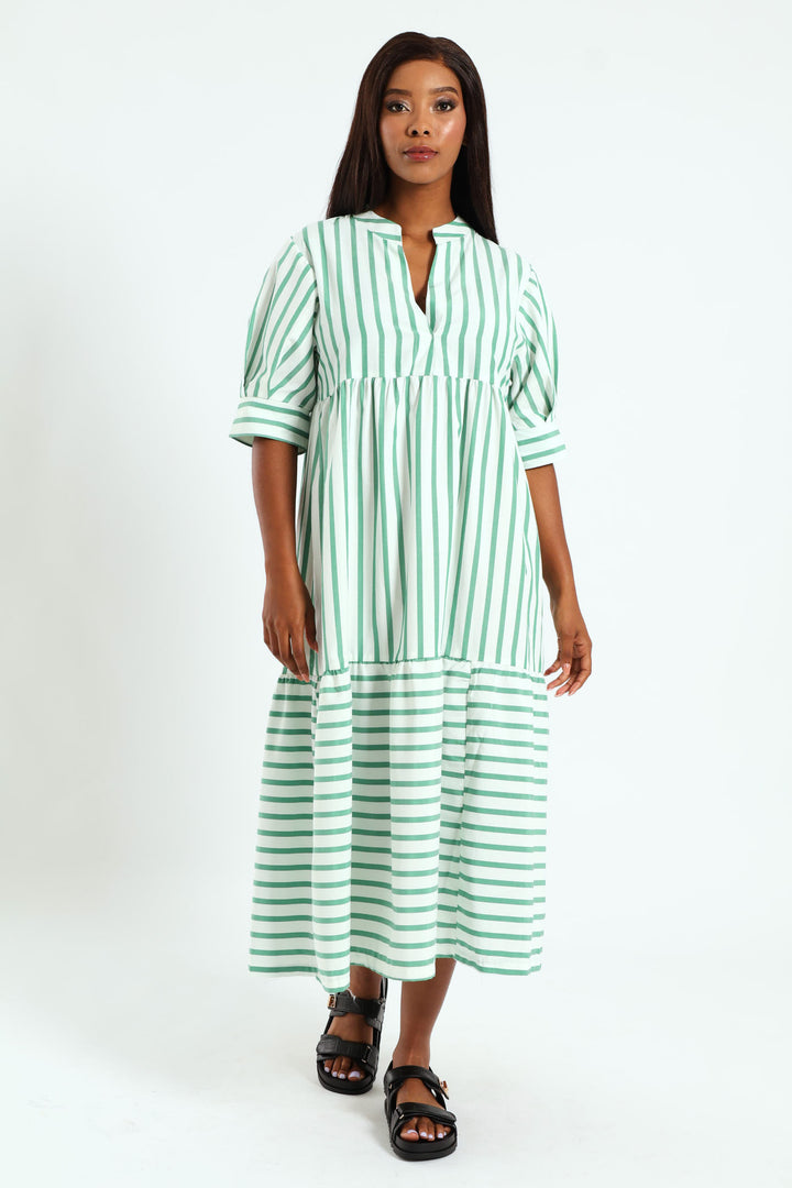 Mandarin Collar Tiered Midaxi Dress - White/Cabbage