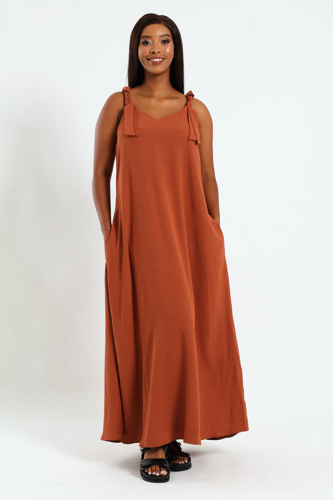Braided Strap Slip Flare Maxi Dress With Pockets - Rust
