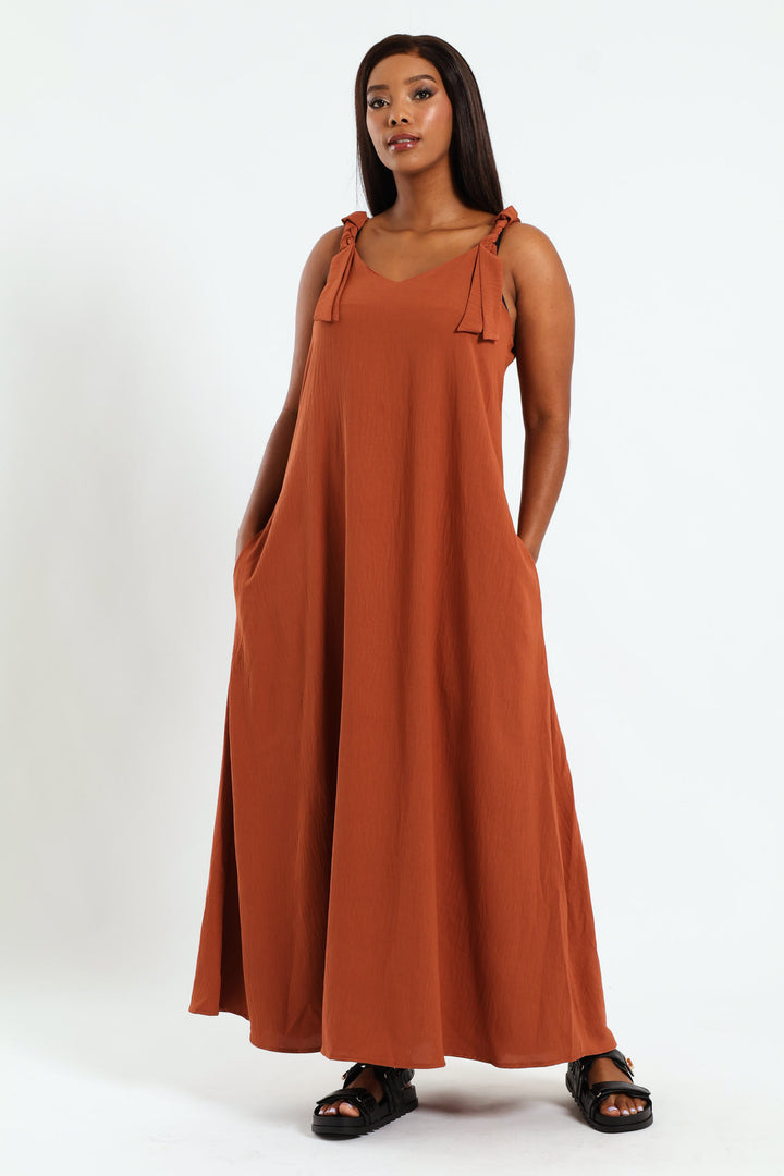 Braided Strap Slip Flare Maxi Dress With Pockets - Rust