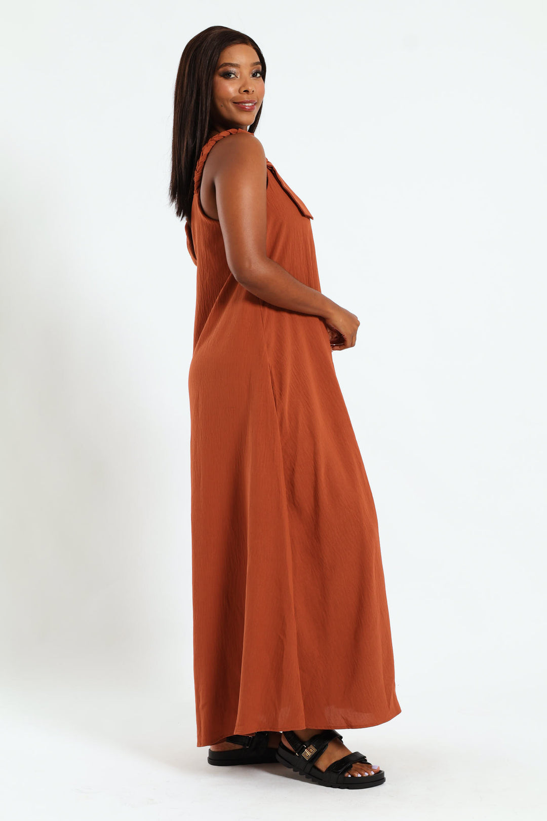 Braided Strap Slip Flare Maxi Dress With Pockets - Rust