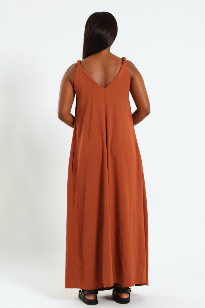 Braided Strap Slip Flare Maxi Dress With Pockets - Rust