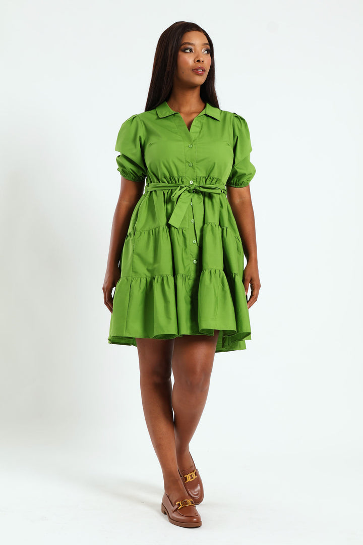 Collared Belted Tiered Shirt Dress - Chartreuse
