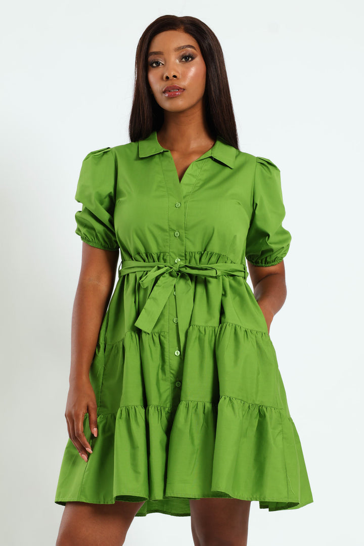 Collared Belted Tiered Shirt Dress - Chartreuse