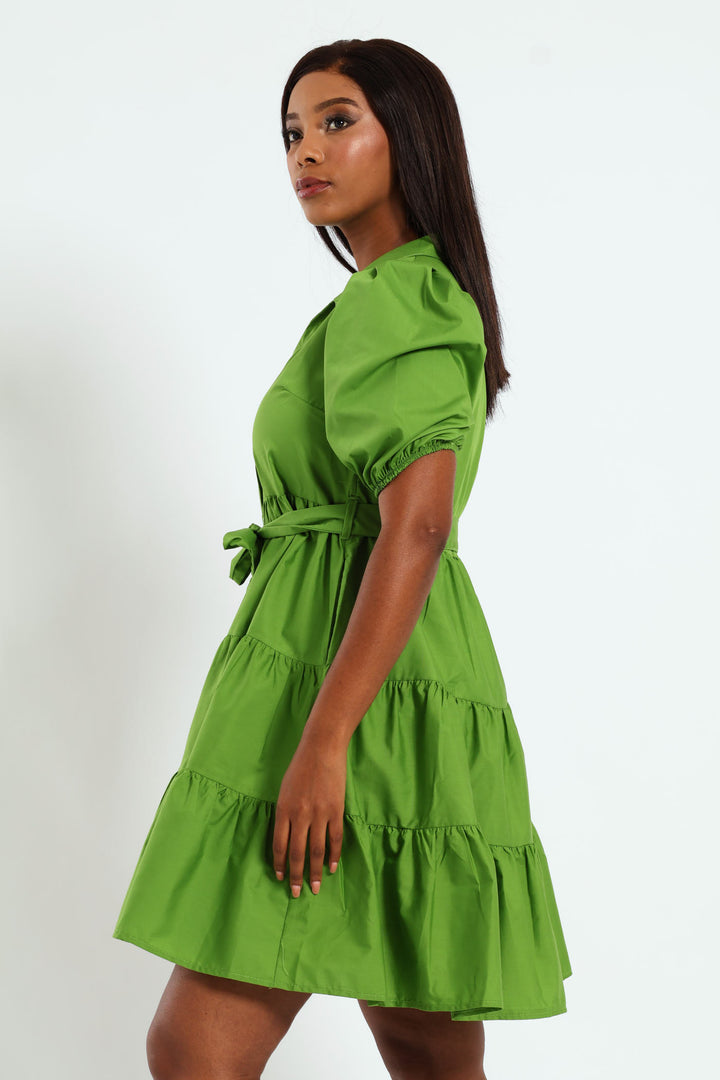 Collared Belted Tiered Shirt Dress - Chartreuse