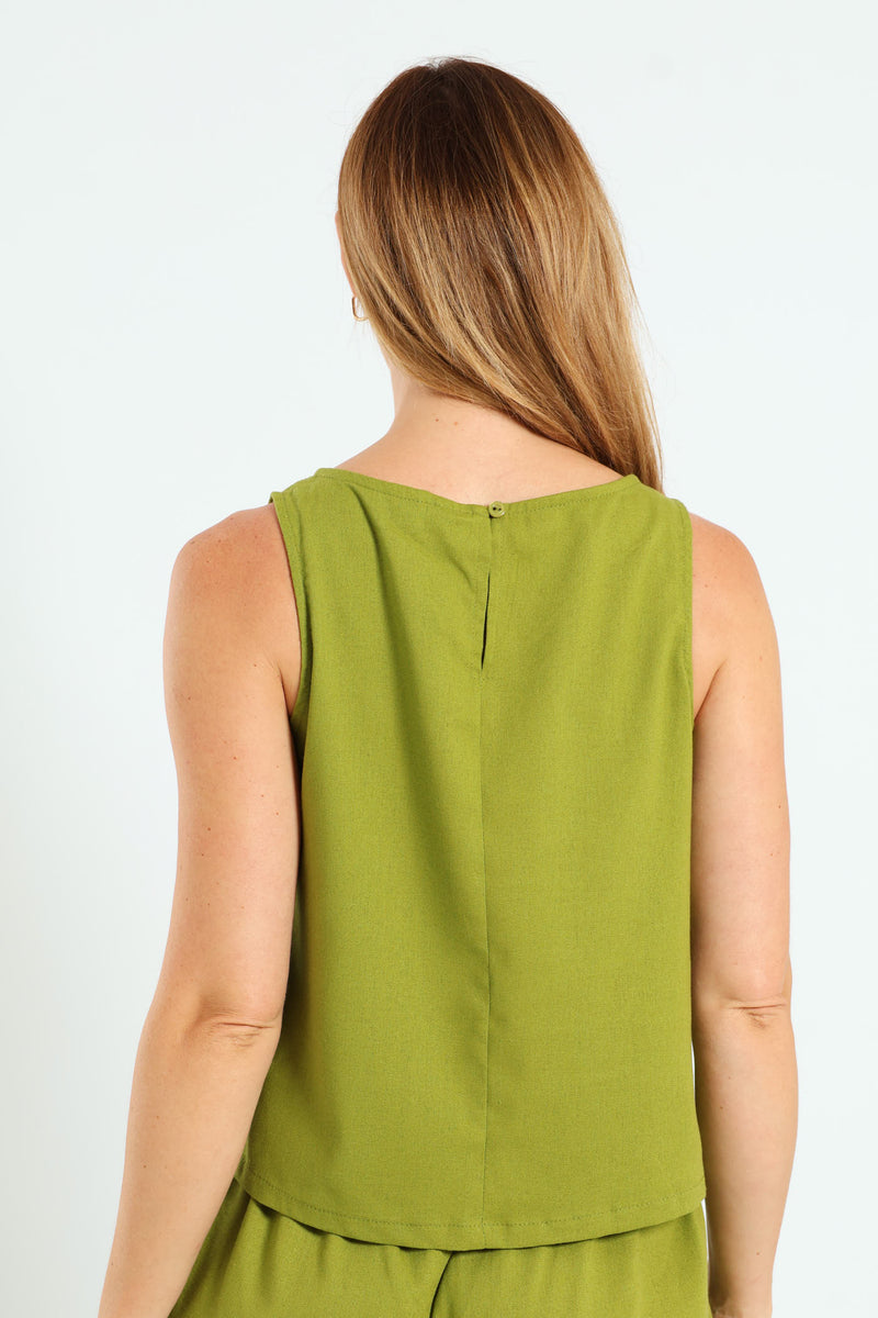 Curved Hem Linen Shell Tank Top - Avocado