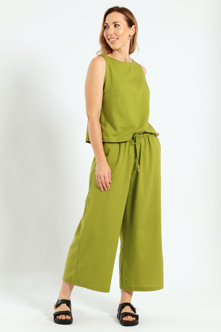 Pull On Linen Capri Pants - Avocado