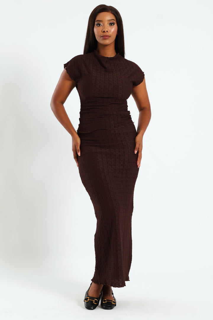 Lettuce Hem Crinkle Knit Top - Dark Brown