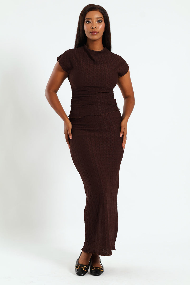 Lettuce Hem Crinkle Knit Top - Dark Brown