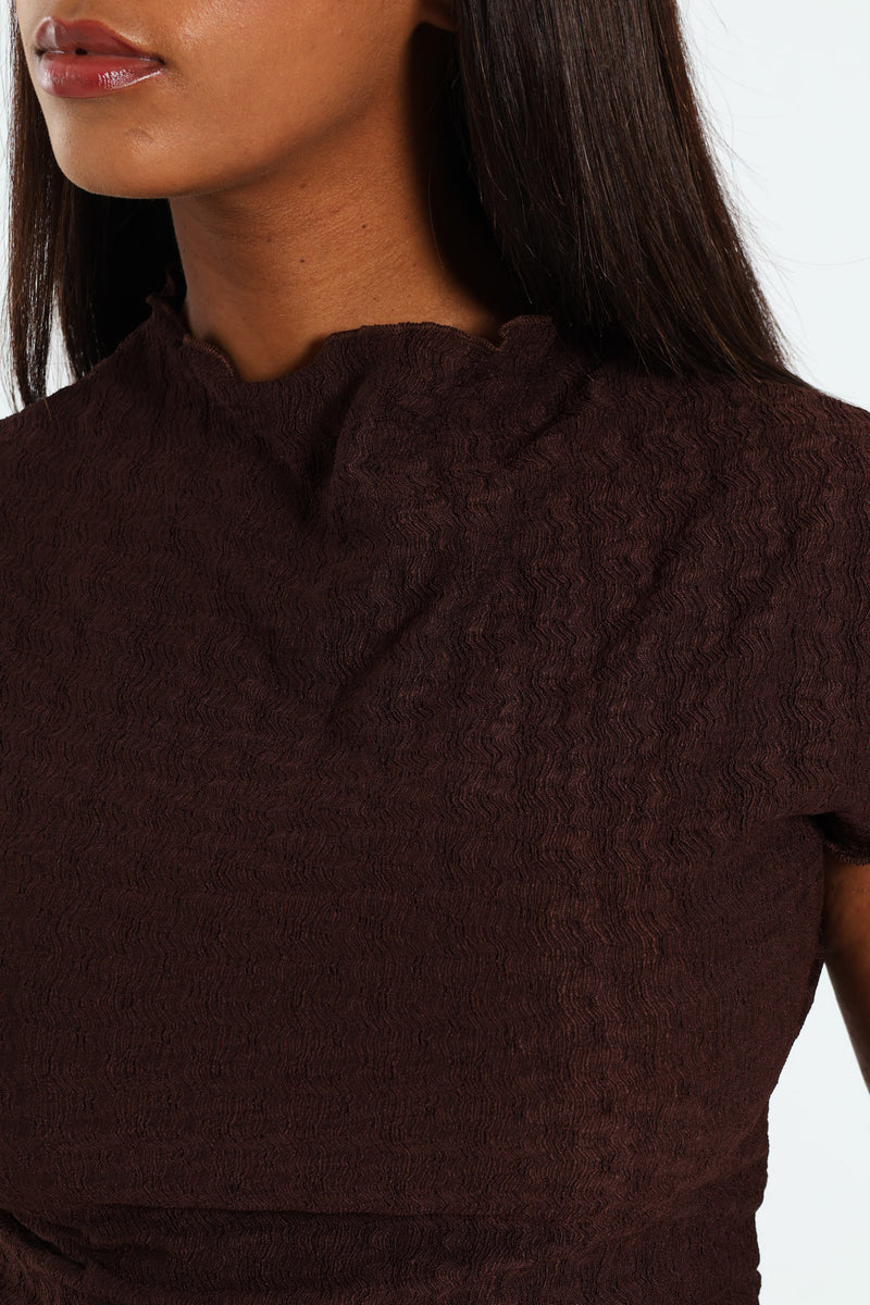 Lettuce Hem Crinkle Knit Top - Dark Brown
