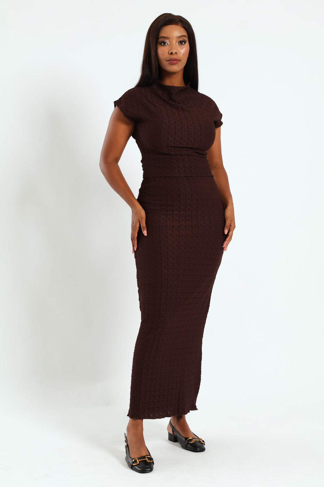 Crinkle Knit Tube Midaxi Skirt - Dark Brown