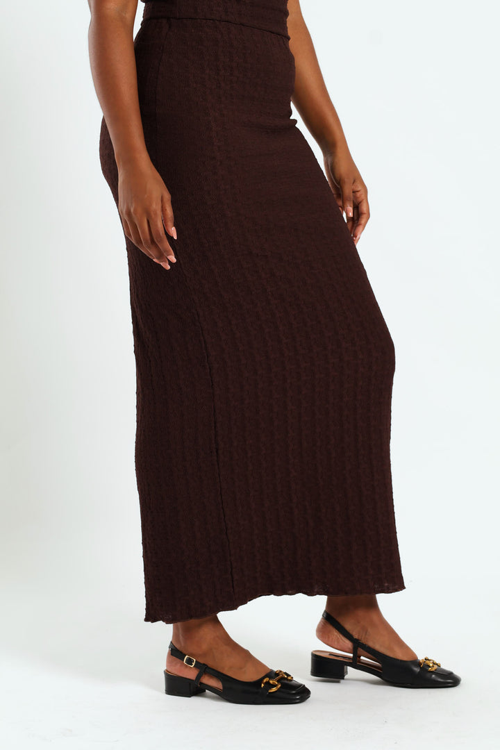 Crinkle Knit Tube Midaxi Skirt - Dark Brown