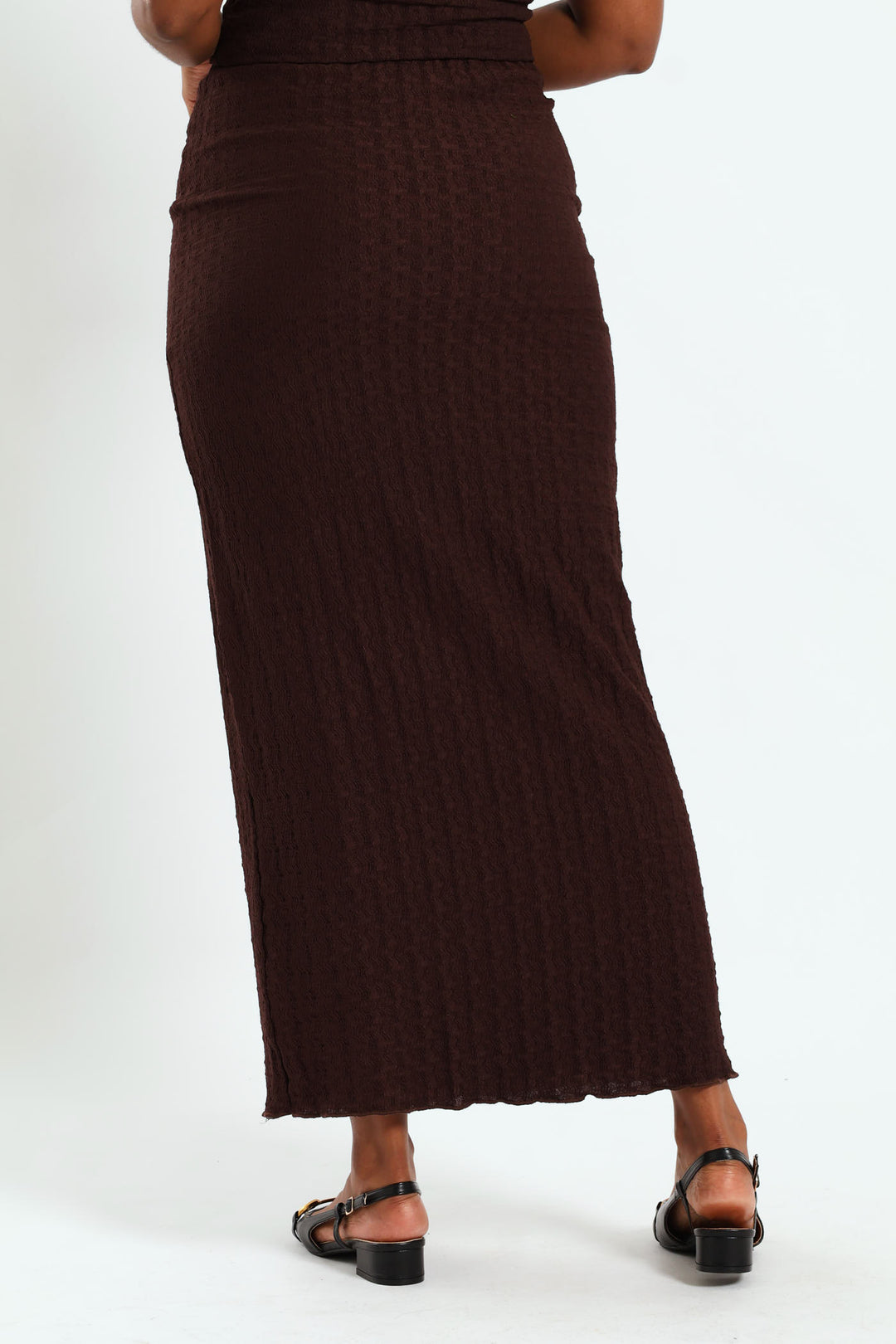 Crinkle Knit Tube Midaxi Skirt - Dark Brown