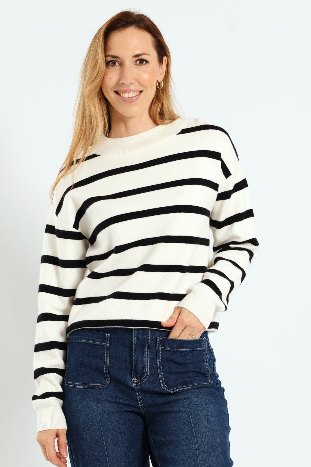Luxe Academia Stripe Turtle Pullover - Black/White