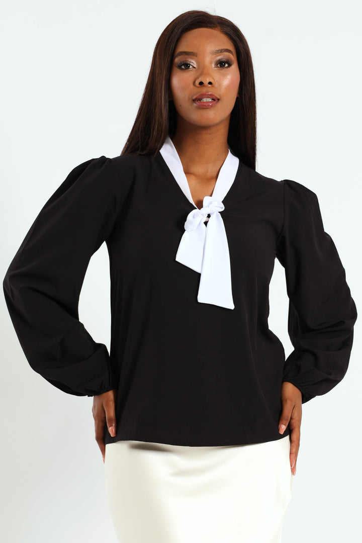 Kitty Bow Preppy Blouse - Black/White
