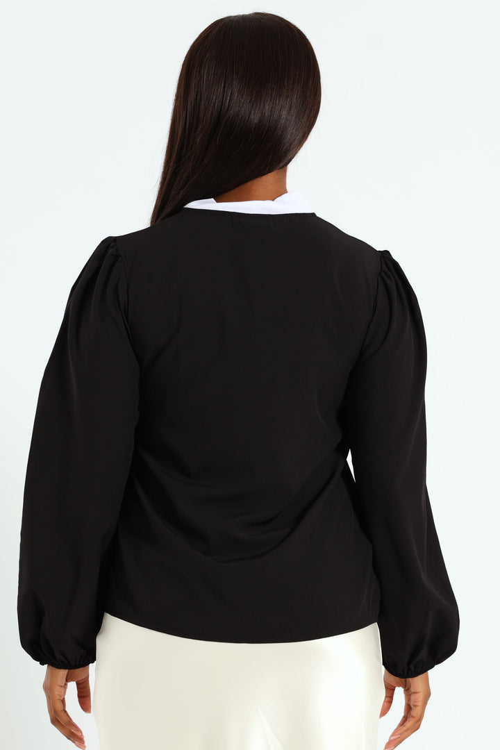 Kitty Bow Preppy Blouse - Black/White