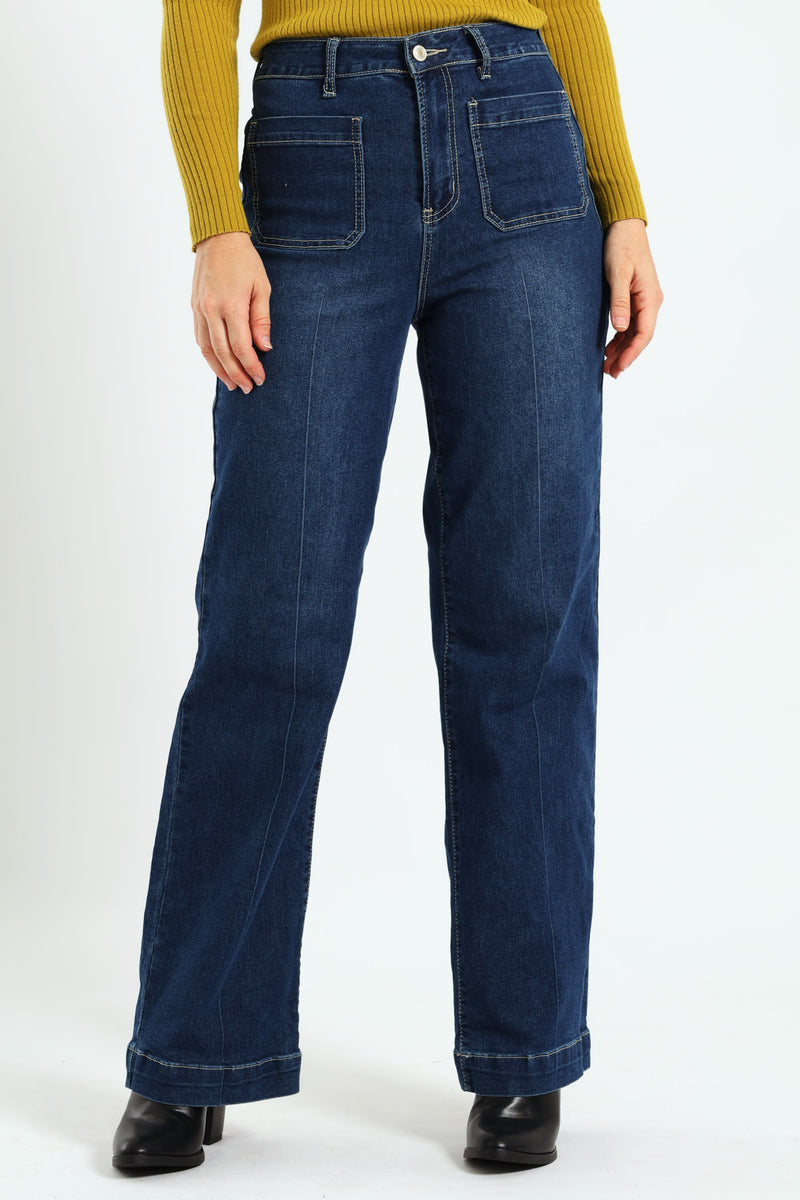 High Rise Pocket Detail Wide Leg Jean - Dark Wash