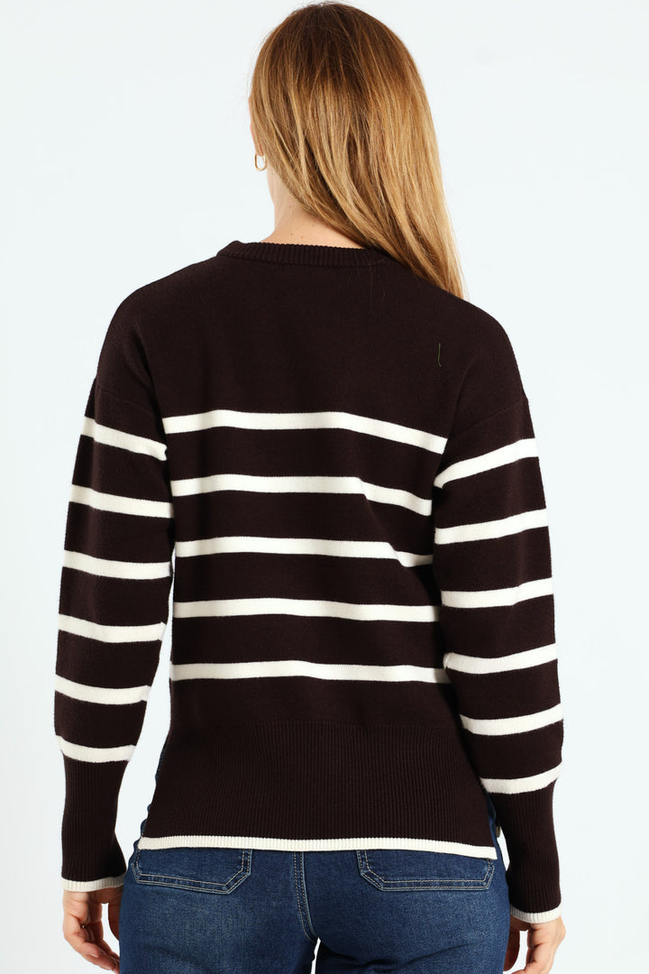 Relaxed Chevron Pullover With Slits & Tipping - Chocolate