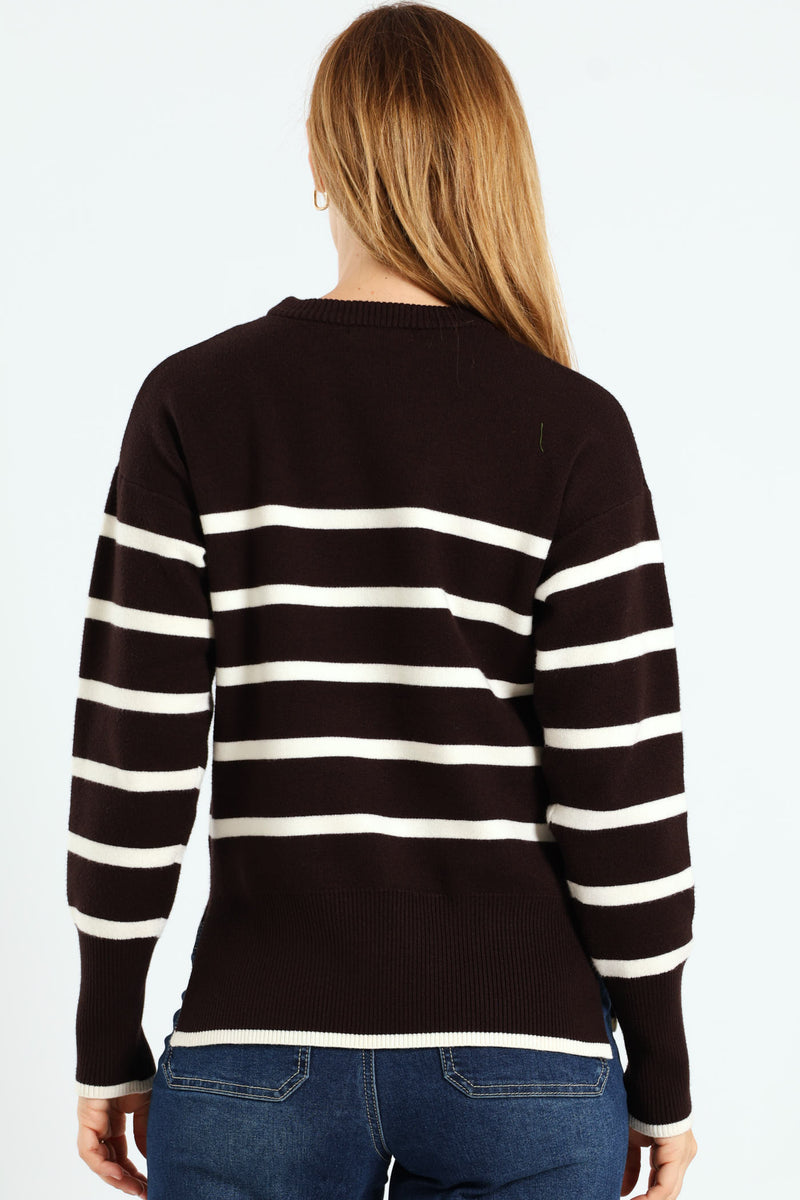 Relaxed Chevron Pullover With Slits & Tipping - Chocolate