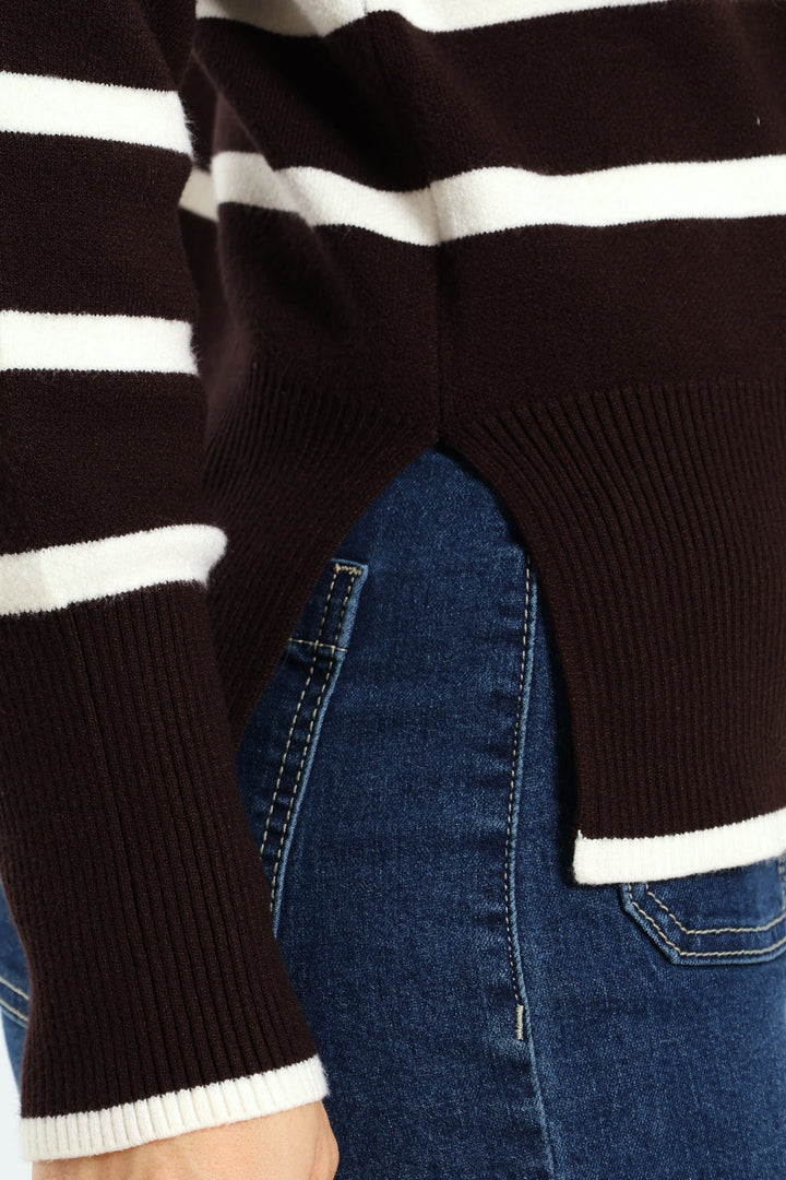 Relaxed Chevron Pullover With Slits & Tipping - Chocolate
