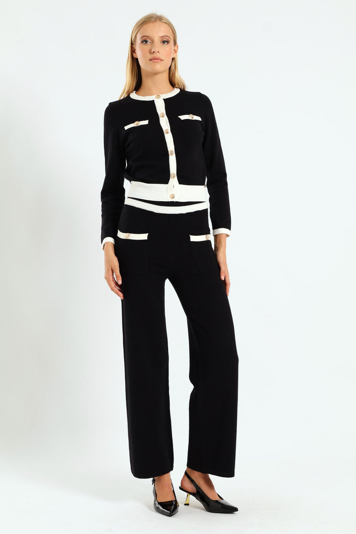 Basic Contrasted Knit Cardigan - Black