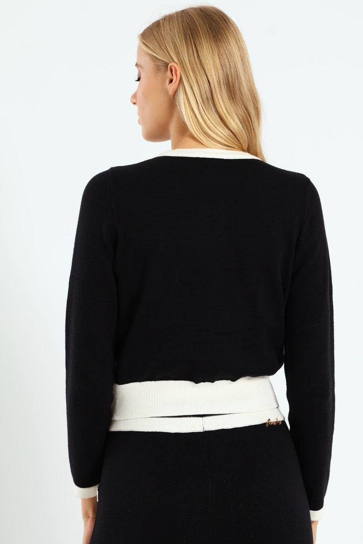 Basic Contrasted Knit Cardigan - Black